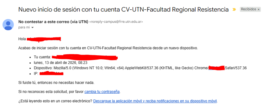 Correo ASUNTO:Nuevo inicio de sesión con tu cuenta CV-UTN-Facultad Regional Resistencia
